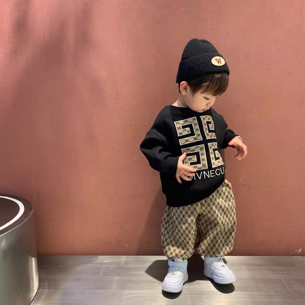 Quần áo thu đông bé trai, set bộ quần áo xốp hàn thêu GIVNECHY kèm quần umi cao cấp cho bé