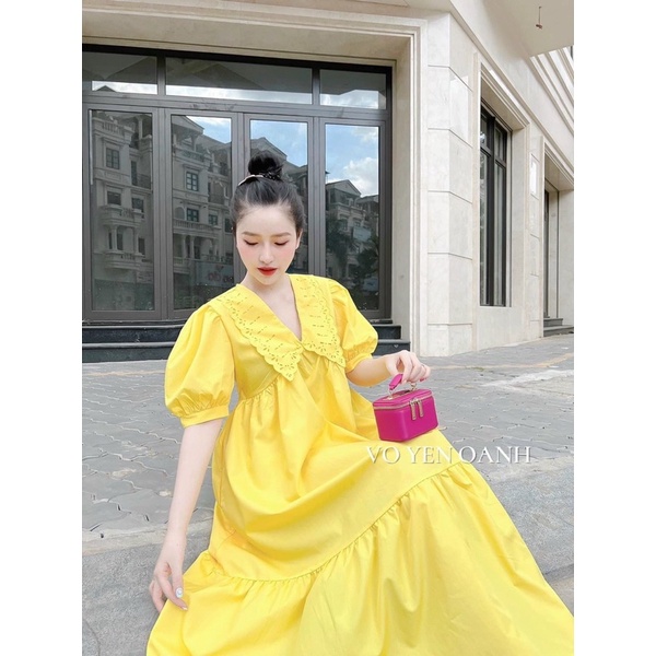 Đầm suông kate tay phồng có cổ / Vàng, hồng / Bầu bí có thể bon chen