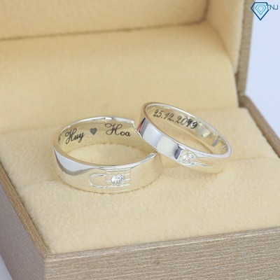 Nhẫn đôi ổ khoá và chía khoá khắc tên nam nữ bằng bạc thật ND0477 - Trang Sức TNJ