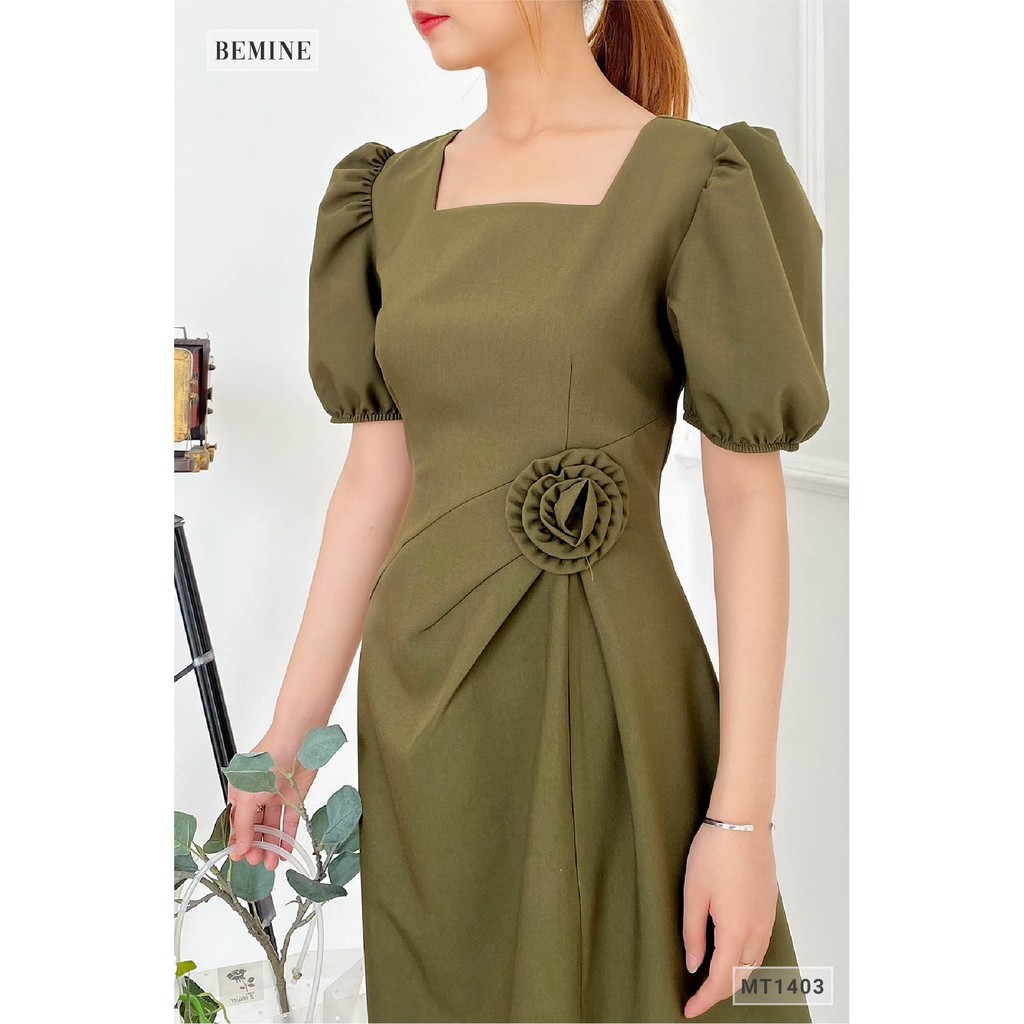 Đầm cổ vuông eo gắn bông BEMINE MT1403REULINH | BigBuy360 - bigbuy360.vn