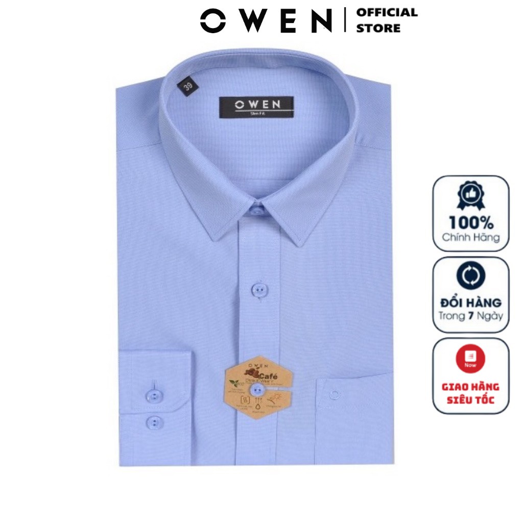 Áo Sơ Mi Nam Tay Dài Owen AS23067DT Dáng Slim Fit Màu Xanh Chất Liệu Cafe