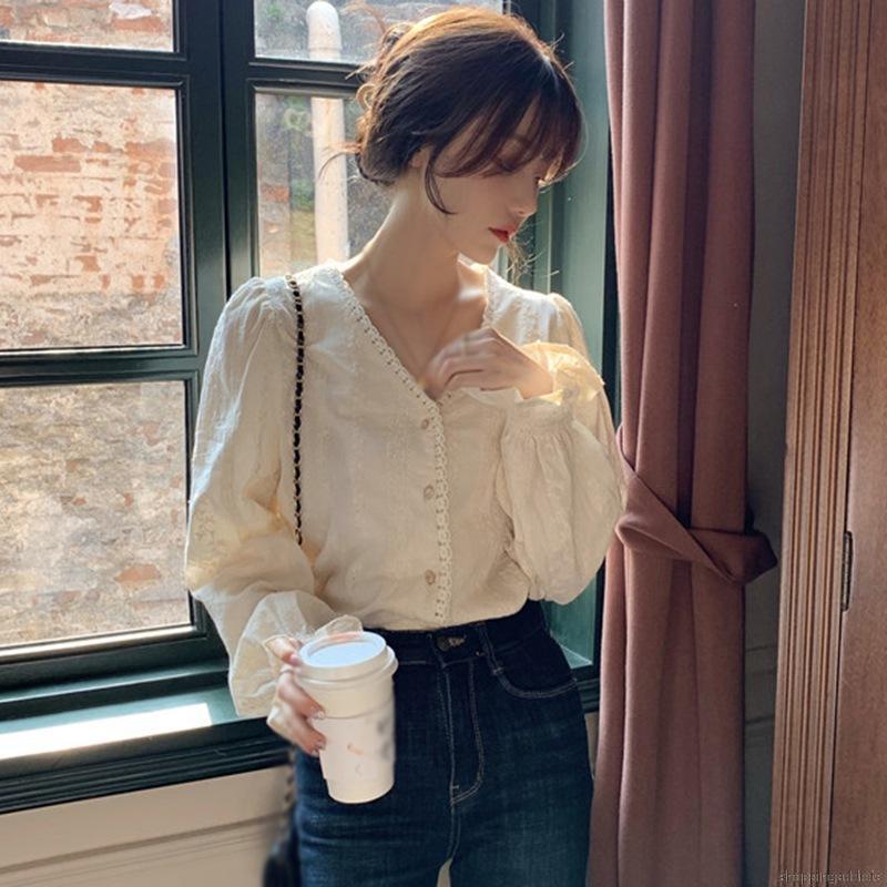 Áo Sơ Mi Dài Tay Cổ Chữ V Phối Ren Xinh Xắn Cho Nữ