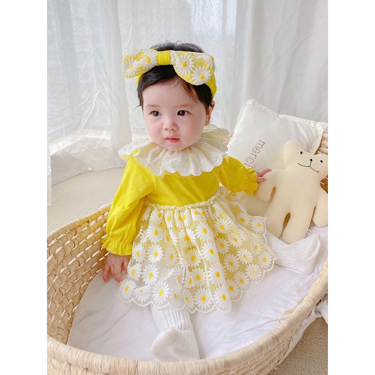 (HCC)Váy Hoa Cúc Phối Bèo Hàng Lolita Xinh Xắn Cho Bé Gái 5-12 Kg