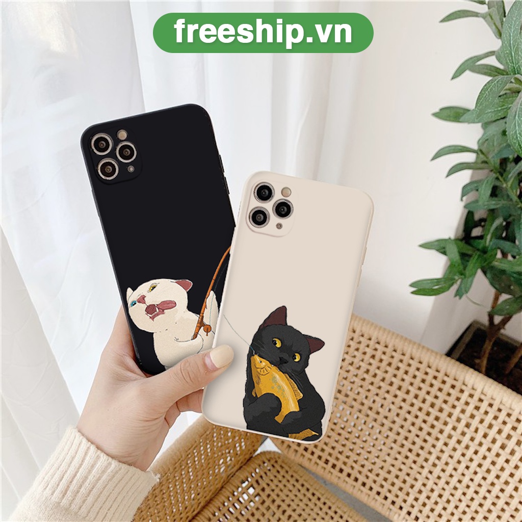 Ốp lưng IPhone cặp đôi mèo câu cá cạnh vuông 6/6plus/6s/6splus/7/7plus/8/8plus/x/xr/xs/11/12/13/14/pro/max/plus/promax
