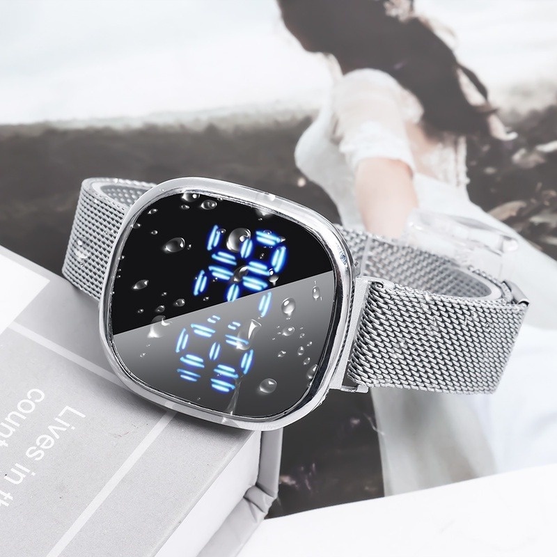 Đồng Hồ Điện Tử Mặt Vuông Có Đèn LED Dây Inox Màu Vàng/Đen Phong Cách Thể Thao Thời Trang Unisex