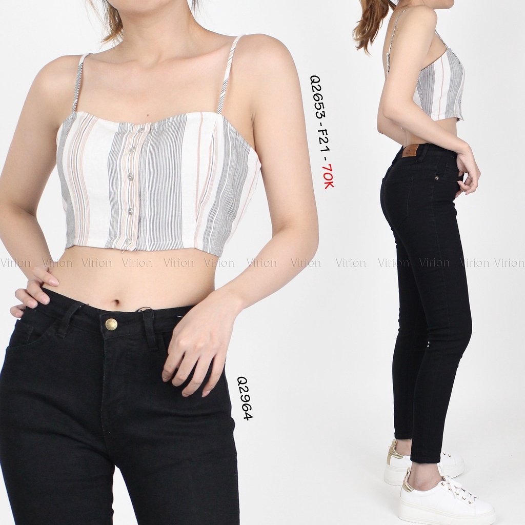 Q2653 - Áo croptop F21 2 dây, phối sọc dọc nhỏ
