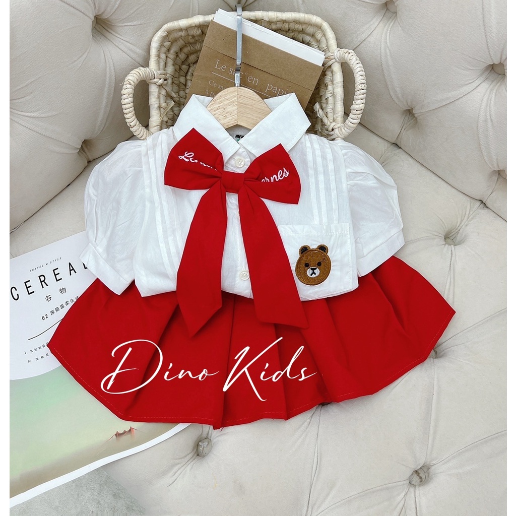 Đồng phục học sinh, set váy 3ct: áo sơ mi trắng thêu mặt gấu, chân váy xếp ly và nơ siêu xinh cho bé gái size 12-24kg