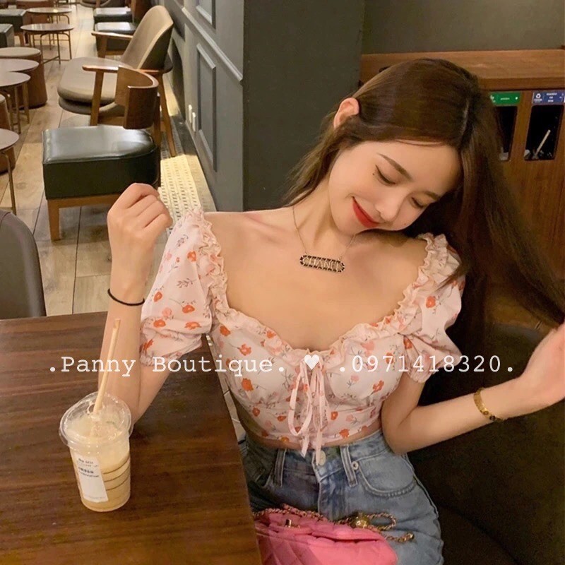Áo croptop cổ vuông hoa nhí tông cam đào , style ulzzang Hàn Quốc 🌻 Panny Boutique 🌻
