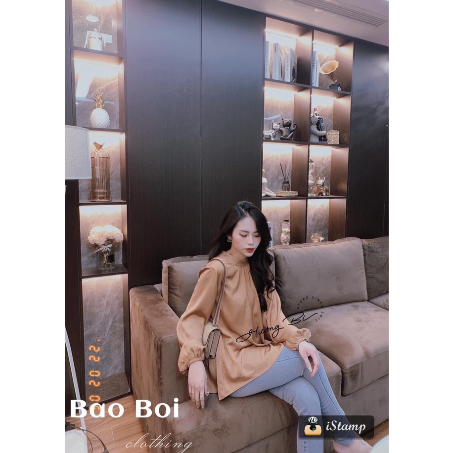 Áo sơ mi nữ lụa form rộng công sở kiểu tay phồng thắt nơ lưng hàng thiết kế cao cấp hottrend đẹp LICA - A32