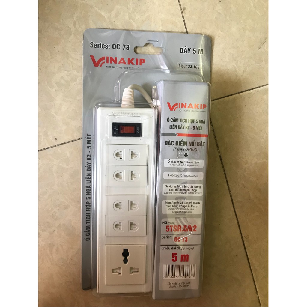 Ổ cắm VINAKIP an toàn cho trẻ em  tự ngắt tích hợp 5 ngả liền dây