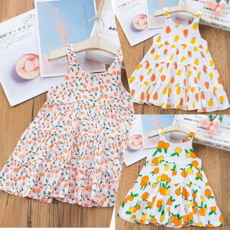 Váy hai dây bằng vải cotton họa tiết trái cây hoạt hình đáng yêu thời trang mùa hè 2021 cho bé gái 1-5 tuổi