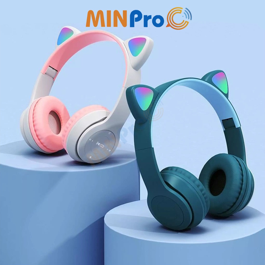 Tai nghe chụp tai mèo bluetooth 5.0 cute, Headphone tai mèo 7 màu led phát sáng không dây có mic chính hãng - MINPRO