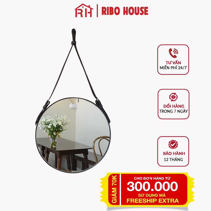 Gương dây da RIBO HOUSE D50cm mặt kính cường lực, gương trang trí homestay nhà nghỉ khách sạn cà phê RIBO107