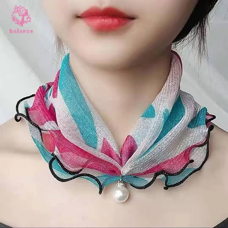 Khăn choàng cổ vải voan nhún bèo đính ngọc trai giả đa năng thời trang cho nữ