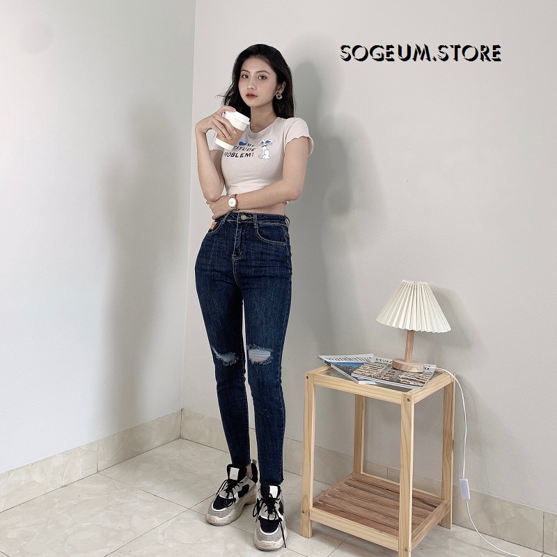 Quần skinny Jean rách gối cá tính co giãn, Quần bò nữ cạp cao tua gấu 693 sogeum.store