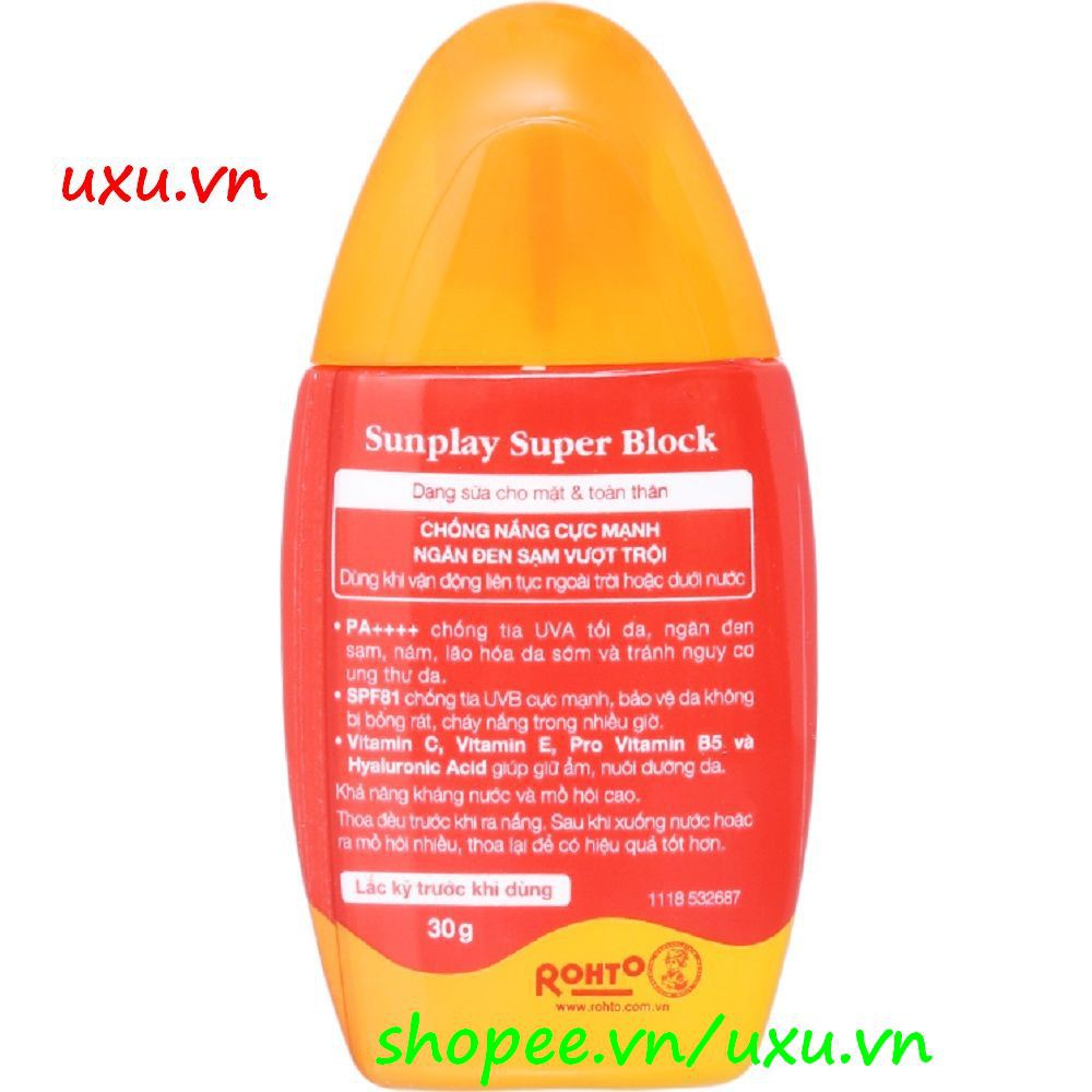 Sữa Chống Nắng Sunplay 30g Cực Mạnh Super Block Spf 81, Pa++++, Với uxu.vn Tất Cả Là Chính Hãng.