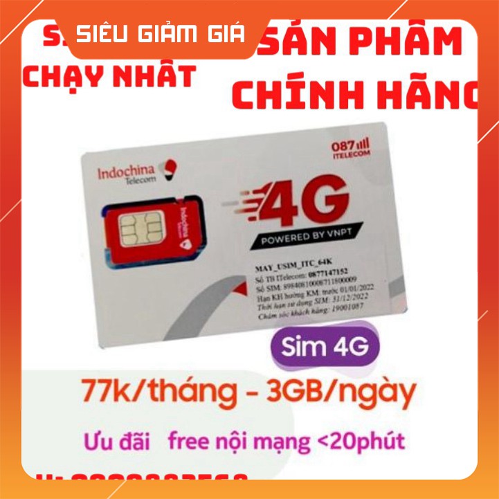 DATA KHỦNG Sim 4G ITelecom V77 Gói Cước MAY- Tặng 90GB/Tháng - Gọi Miễn Phí Vinaphone - 30Ph Ngoại Mạng + 60 SMS