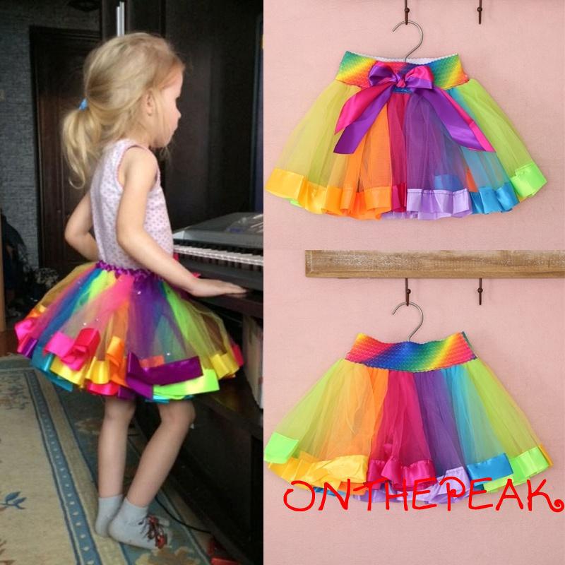 Chân váy xòe bảy sắc cầu vồng cho bé gái
