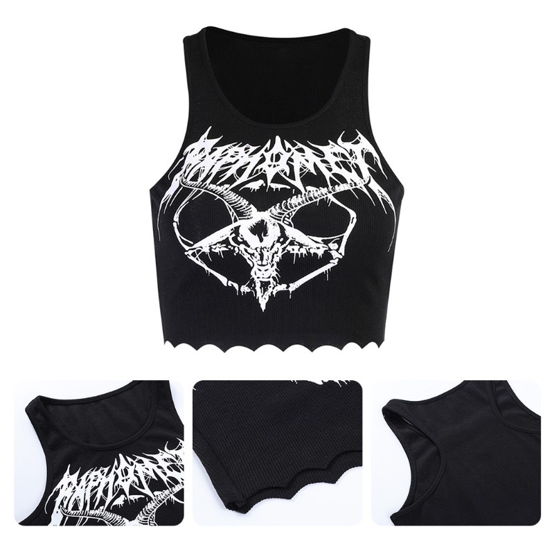 Xixi Áo Croptop Dệt Kim Không Tay In Hình Dê Màu Đen Phong Cách Gothic Punk Thời Trang Cho Nữ