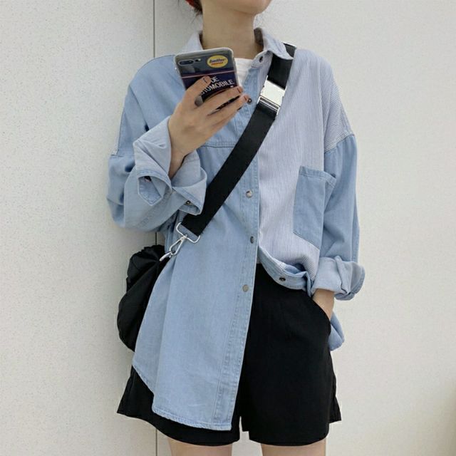 [Hàng Order][Ảnh thật ở cuối] Áo sơ mi denim bò ullzzang phối kẻ thời trang freesize