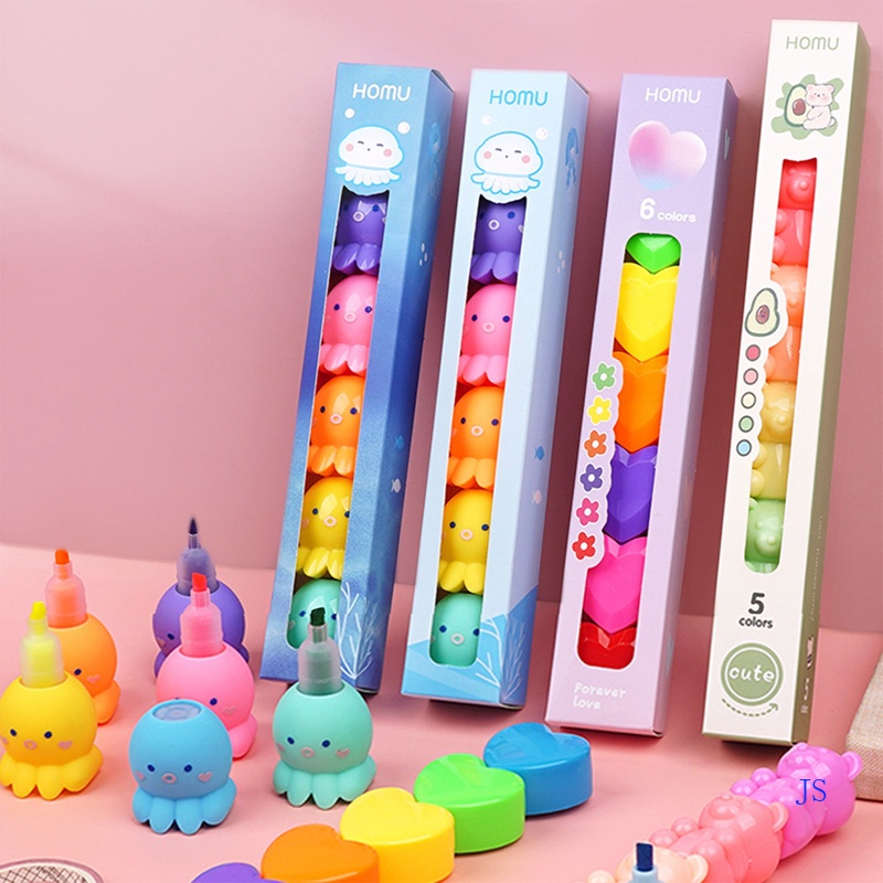 Bút Đánh Dấu Bắt Sáng 5 Màu Hình Bạch Tuộc / Trái Tim / Gấu Dễ Thương