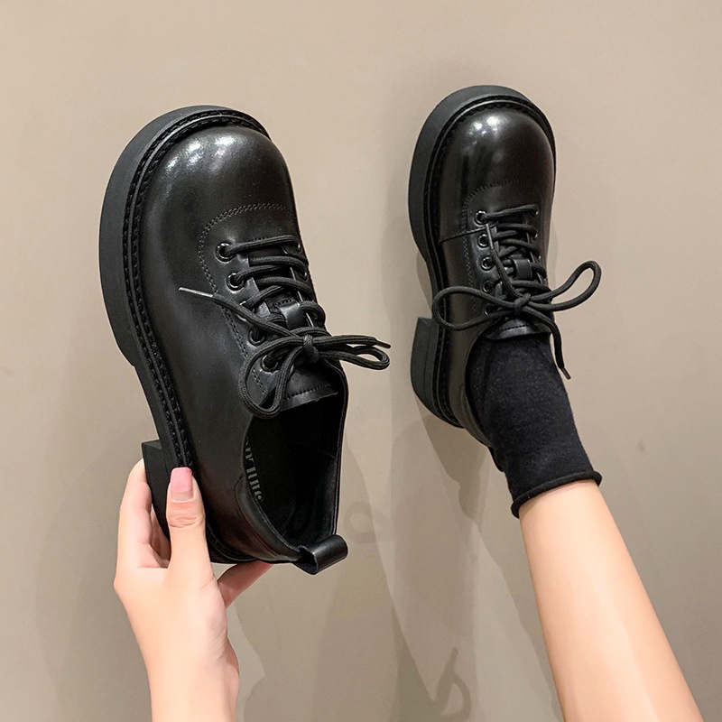 Giày Da Đế Dày Màu Trơn Phong Cách retro Anh Quốc Cho Nữ