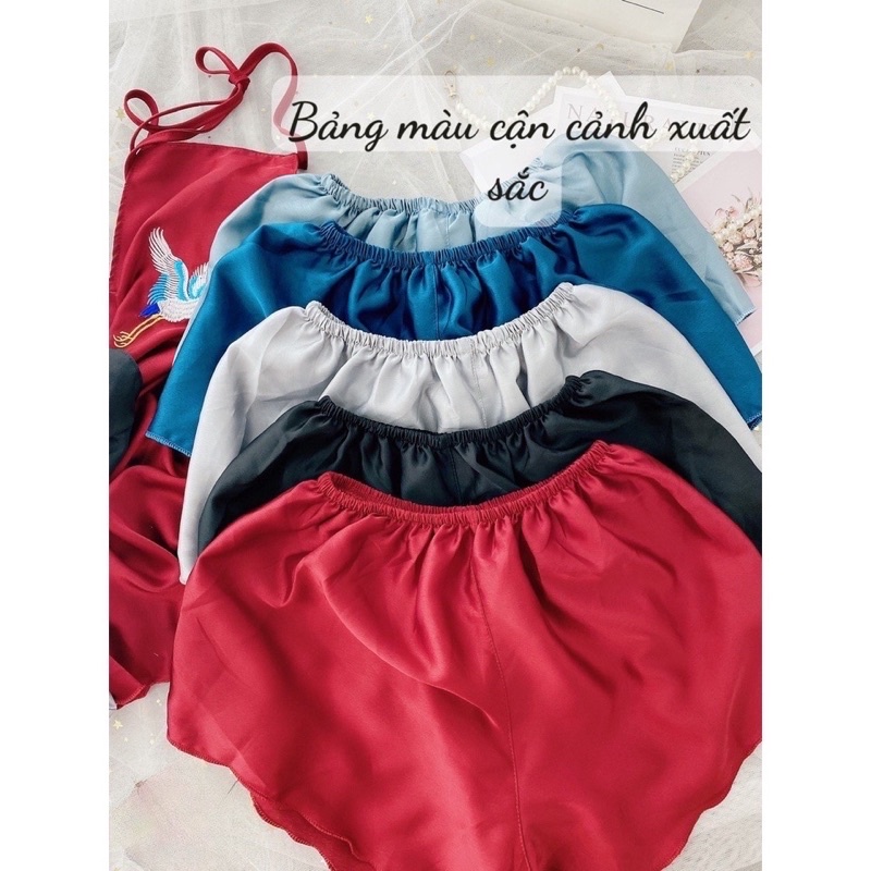 Đồ ngủ 2 dây sexy, Đồ ngủ áo yếm sexy thêu hạc chất satin mềm Freesize dưới 55kg