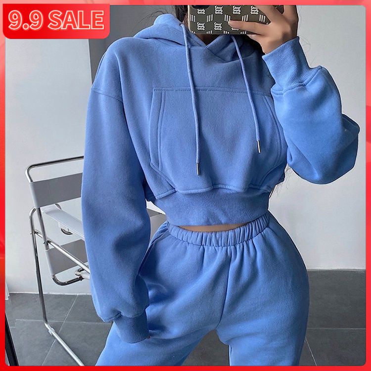 Bộ áo hoodie tay dài và quần dài lưng cao dáng rộng thời trang phong cách Âu Mỹ cho nữ