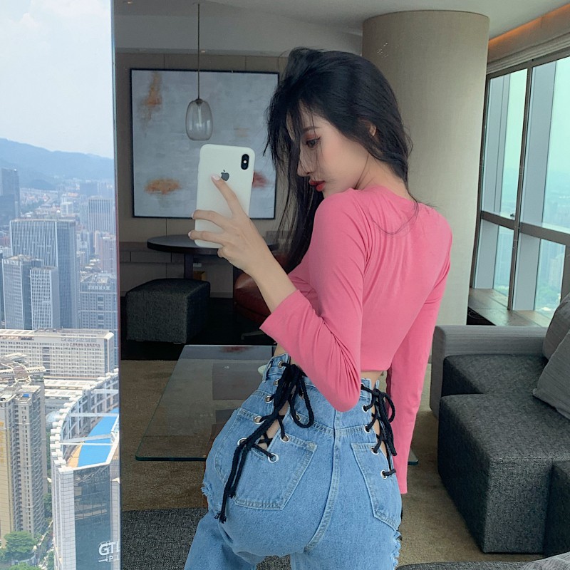 Quần jean đan dây eo lưng cao form rộng tôn dáng HQD47 - Hỉn Hỉn Store