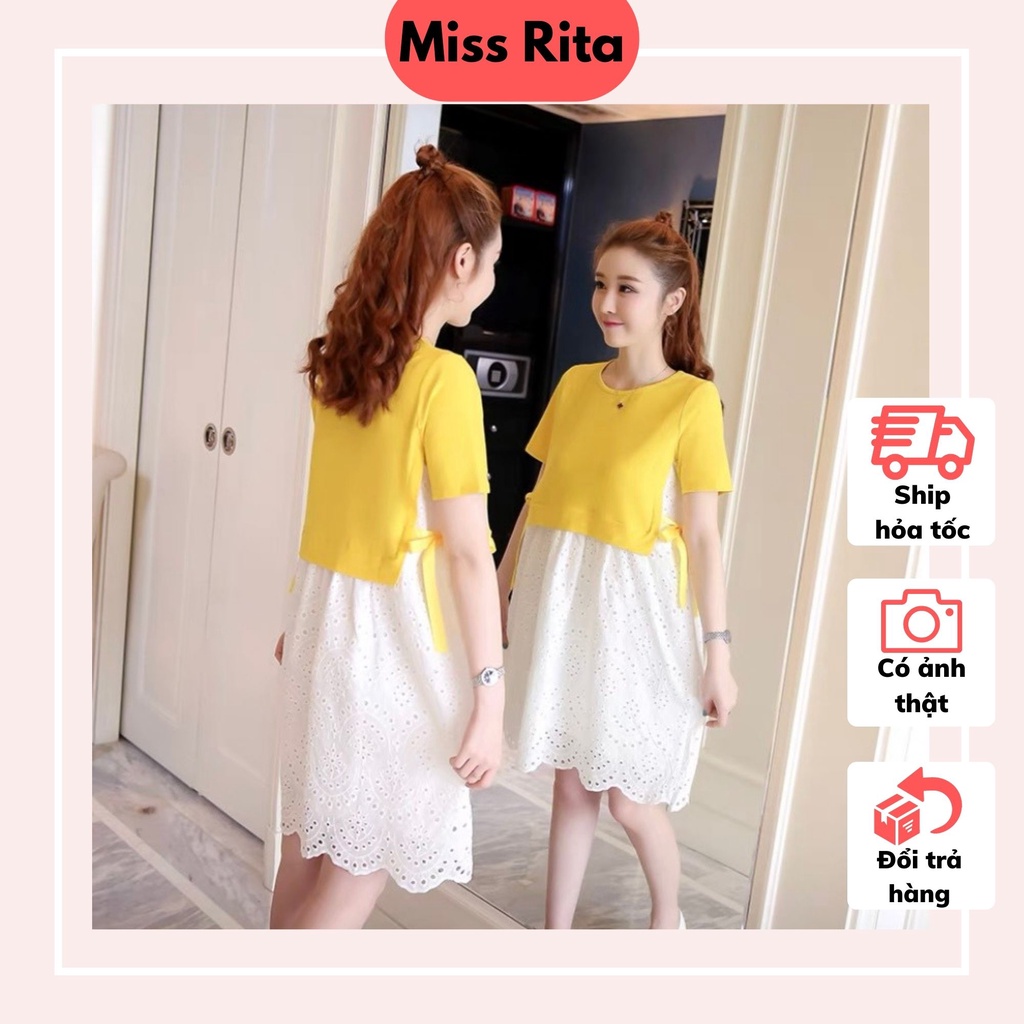 Đầm bầu mùa hè dáng suông pha ren cách điệu nơ eo điều chỉnh thiết kế bởi Đầm Bầu Nhung Huấn
