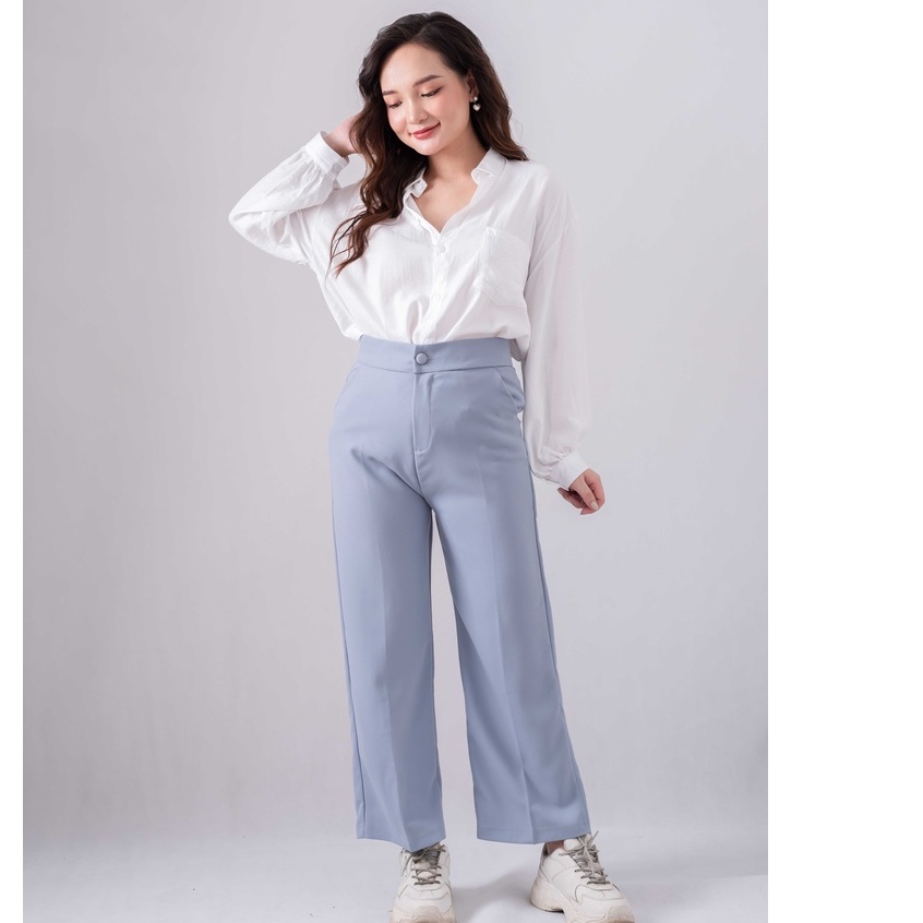 Áo sơ mi nữ dài tay trơn basic dáng rộng, ảnh thật sau