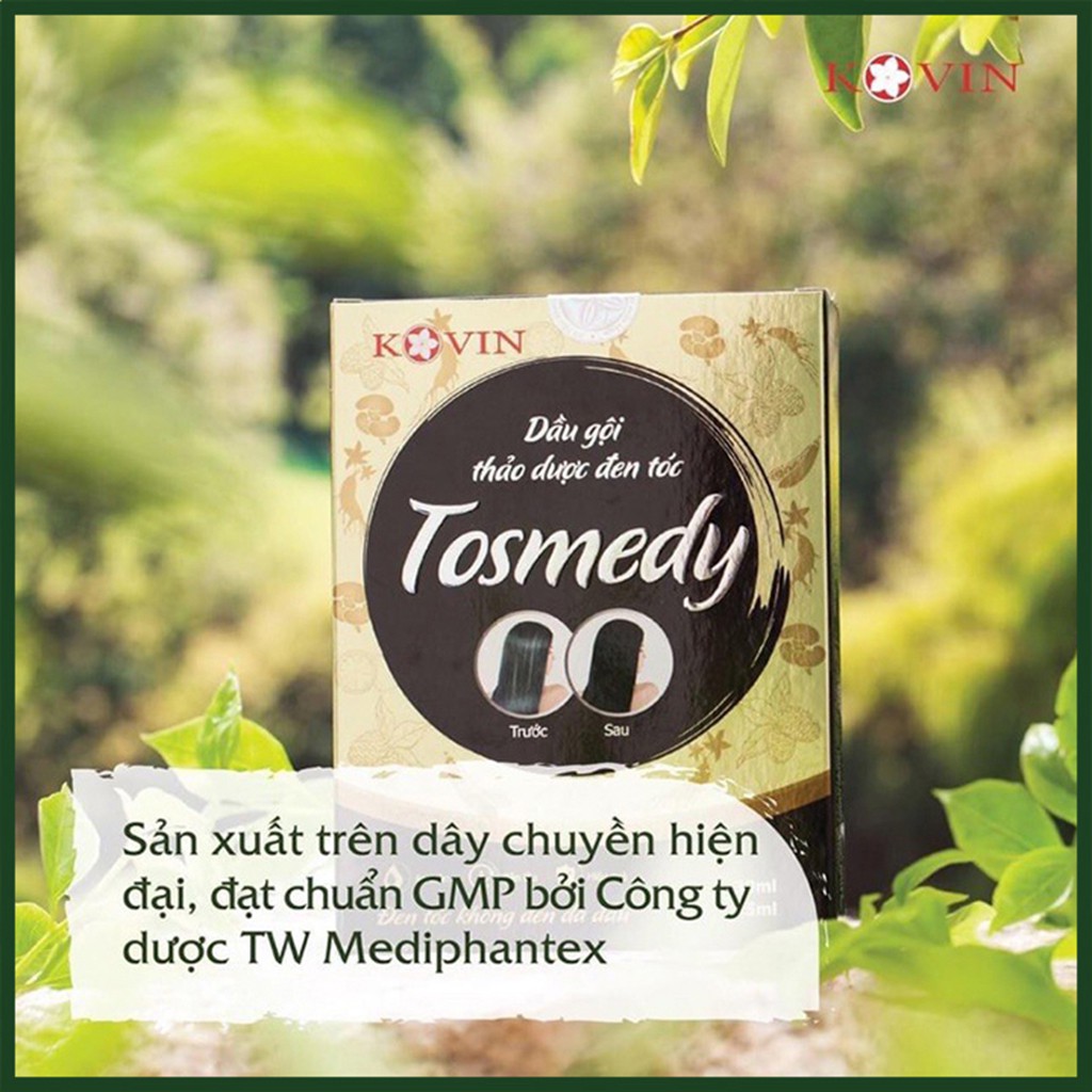 Dầu gội thảo dược Đen tóc TOSMEDY. Dầu gội nhuộm tóc đen, nhuộm phủ bạc_Gội là Đen. Hộp 2 gói nhỏ,gọn hơn