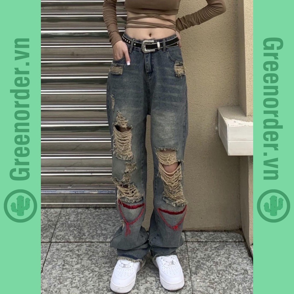 Quần jean ống suông unisex họa tiết rách sọc xanh đỏ phong cách đường phố