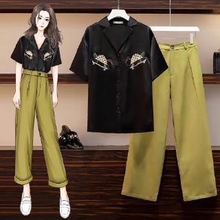 Bộ Áo Sơ Mi Thêu Họa Tiết + Quần Ống Rộng Xinh Xắn Dành Cho Nữ