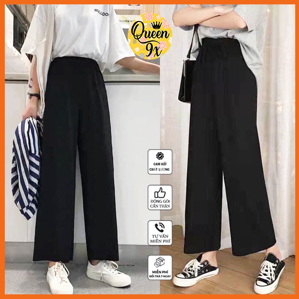 Quần Vải Nữ Ống Rộng Cullotes Cạp Cao Dài Suông Đen Đi Học