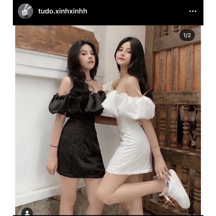 Đầm đen dây trễ vai