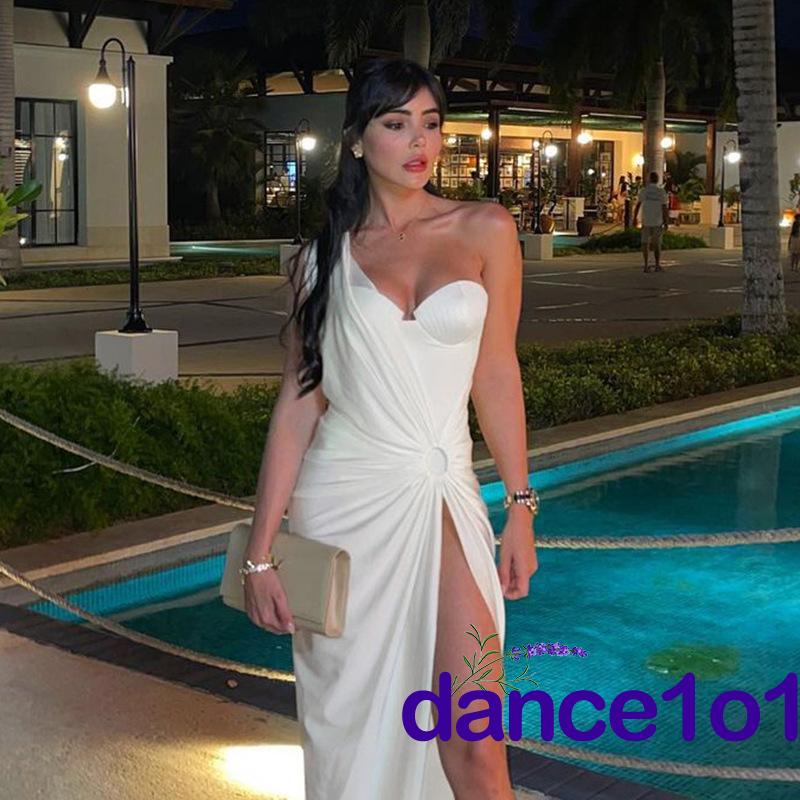 ✣DE❥Women Sleeveless One-shoulder Hollowed Slit Cocktail Beach Long Dress