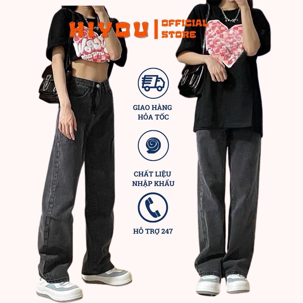 Quần jean nữ xám khói HiYOU, Quần bò nữ xám khói, phom ống suông rộng, vải jean nhập khẩu mềm mịn