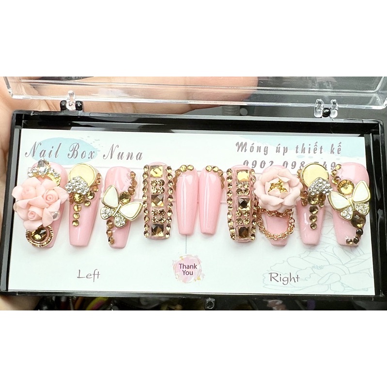 Nailbox Nuna móng úp thiết kế móng tay Hồng nude hoa hồng nổi đính đá màu trà