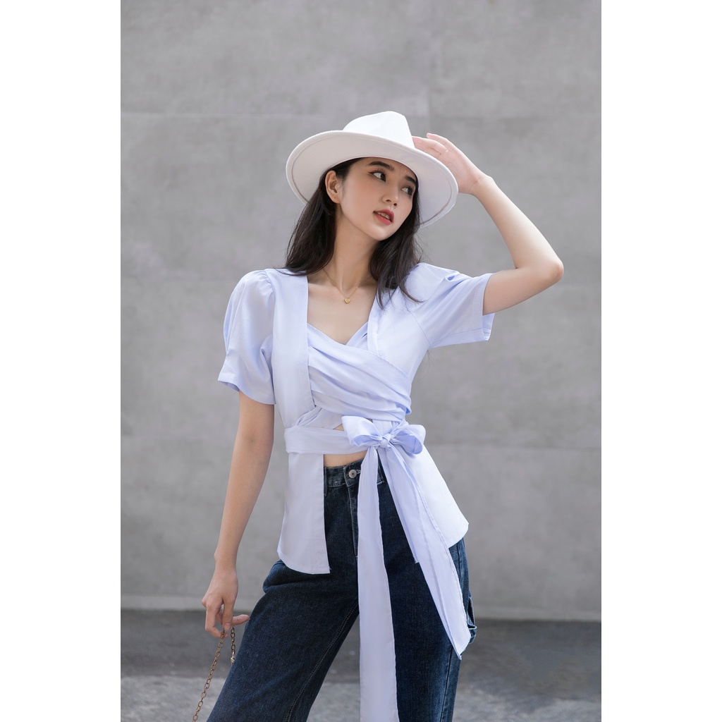 Áo Oversized sọc blue trắng ngực đắp chéo [XP6]