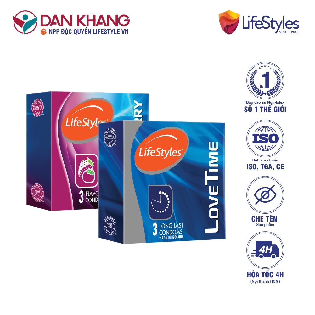 Combo 1 Hộp Bao Cao Su LifeStyles Love Time 3 bao + 1 Hộp Bao Cao Su LifeStyles Mixed Berry 3 bao