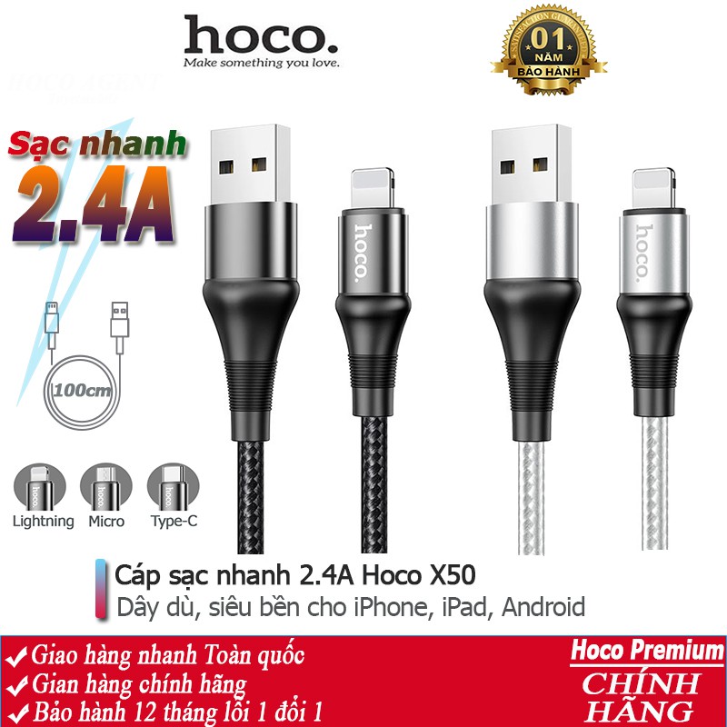 Cáp sạc nhanh Hoco X50 siêu bền sạc full iPhone, Android, iPad dây truyền tải dữ liệu dài 1m - Chính hãng