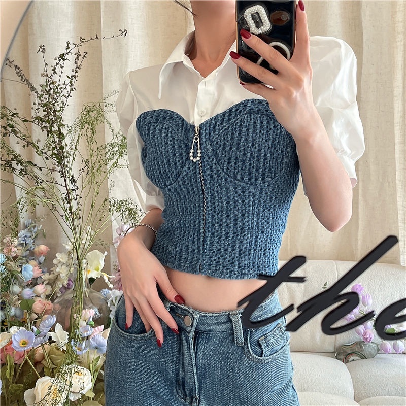Áo sơ mi COZOKC denim ngắn tay dáng ôm kiểu cổ điển cá tính