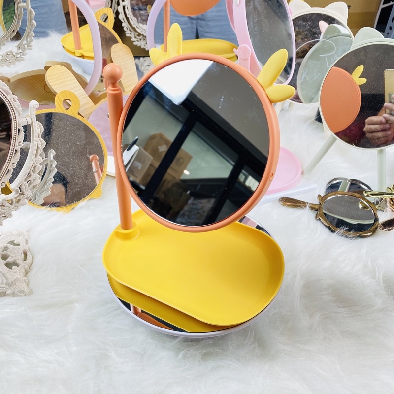 Gương trang điểm để bàn tai mèo xoay 360 độ có khay để trang sức đáng yêu
