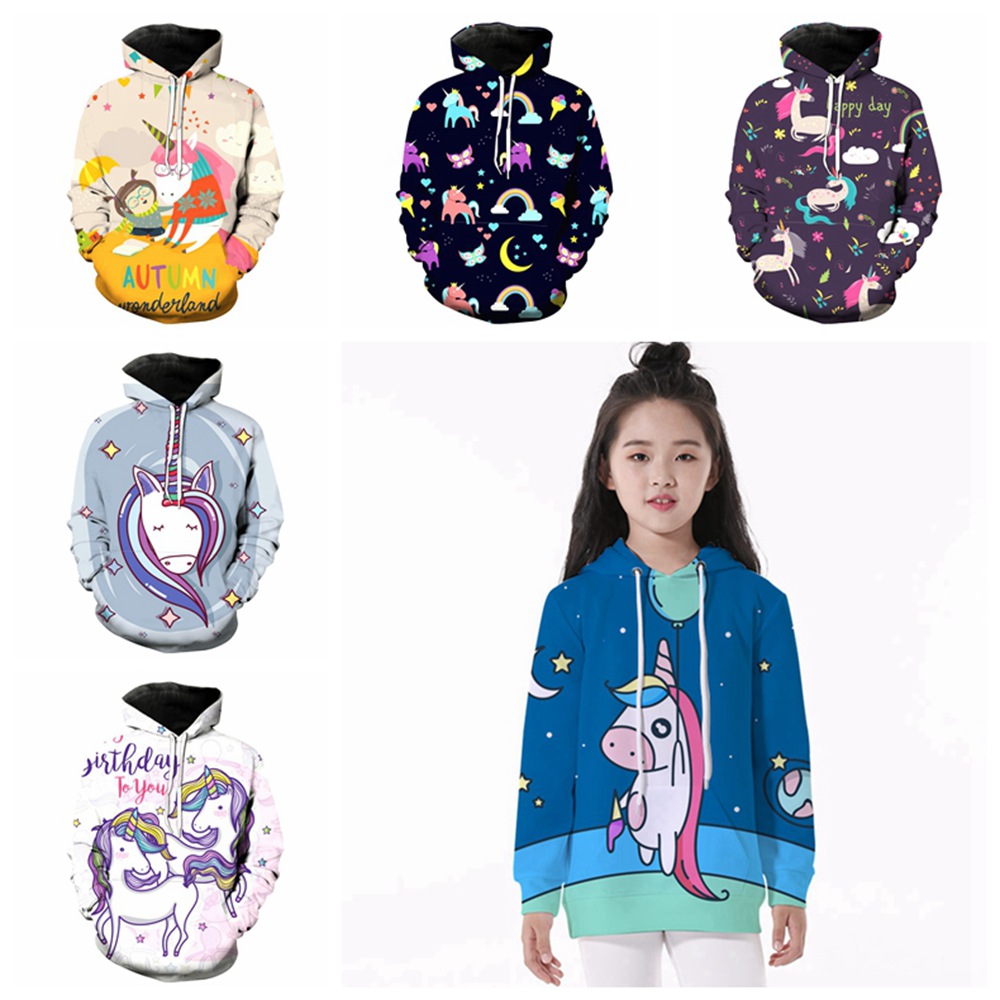 Áo Hoodie Có Nón In Hình Kì Lân Dễ Thương Cho Bé Gái