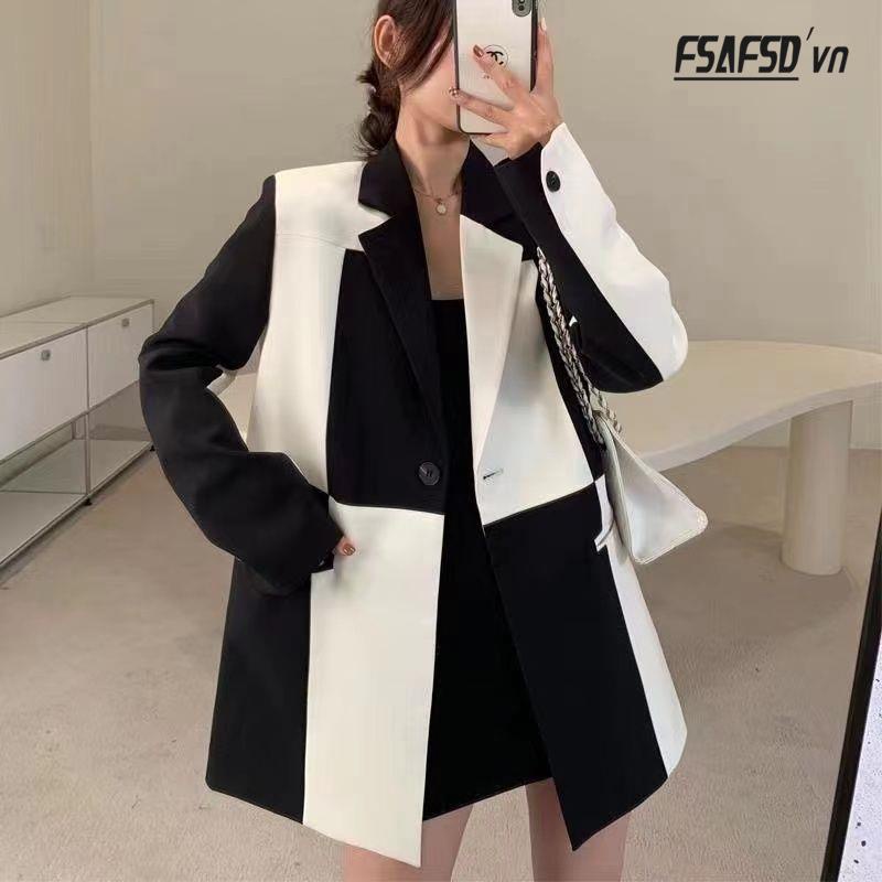 Áo Khoác Vest Dáng Rộng Cỡ Lớn Phối Màu Đen Trắng Thời Trang Xuân Thu 2022 Cho Nữ