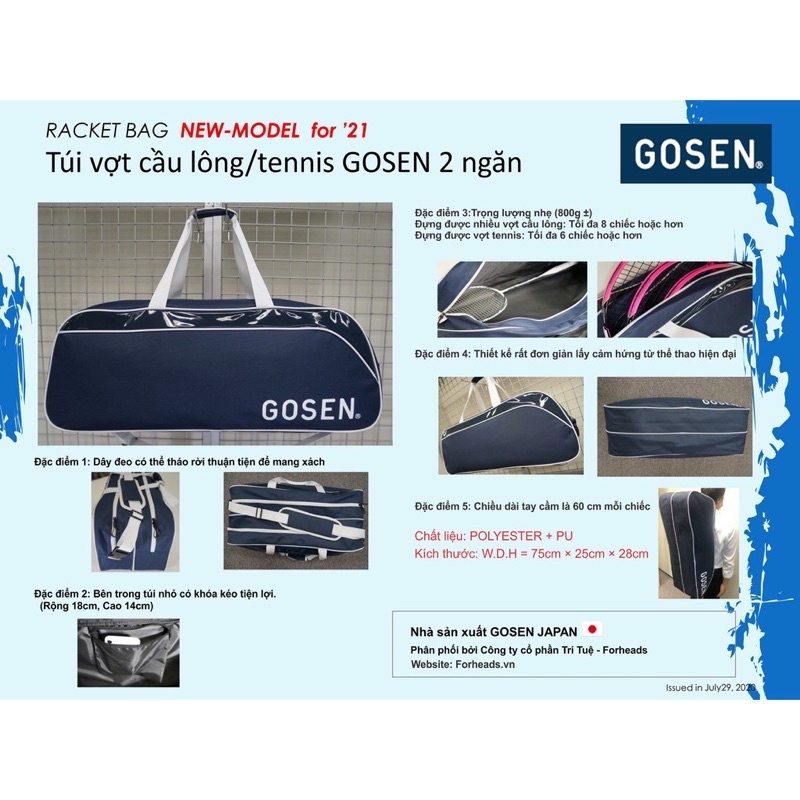 Túi vợt cầu lông/tennis GOSEN 2 ngăn 3 phiên bản 3 màu sắc -Giao màu ngẫu nhiên