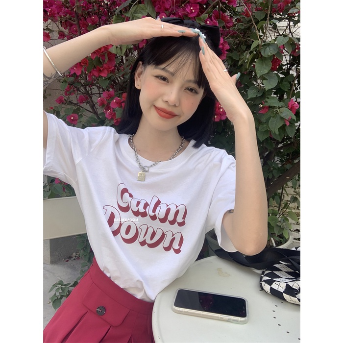 Áo Thun Nữ Ngắn Tay Cổ Tròn In Chữ Thời Trang