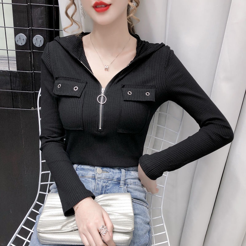 Áo thun có nón tay dài cổ chữ V có khóa kéo 95% cotton thời trang mùa xuân quyến rũ cho nữ 2021