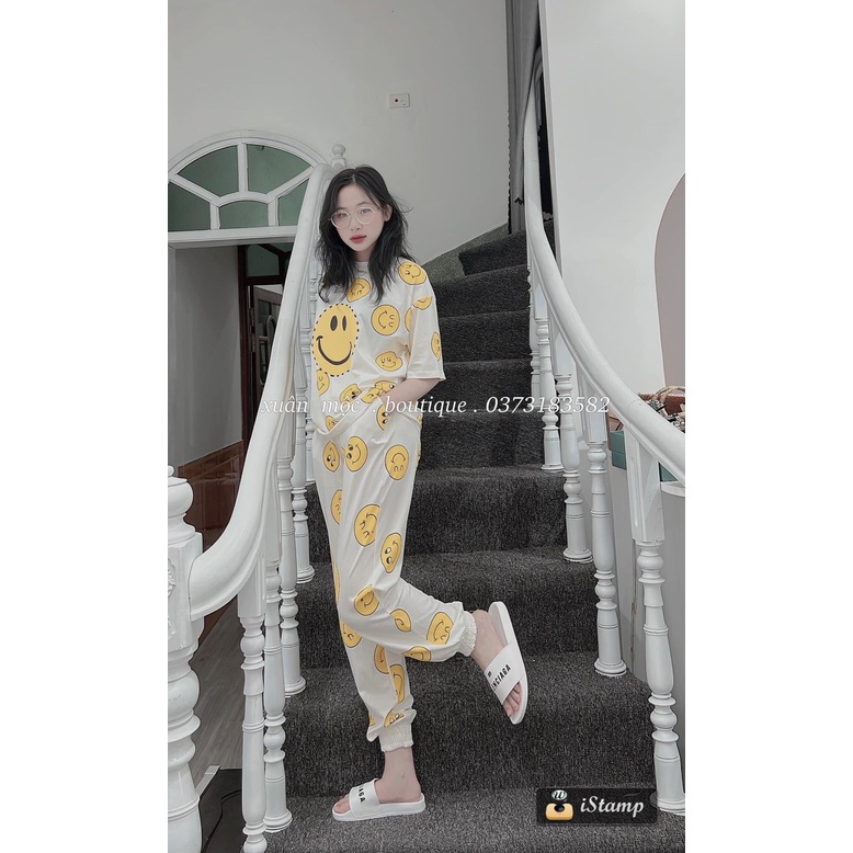 Set Áo Thun Nam Nữ Form Rộng Hàn Quốc Mặt Cười- Bộ Đùi Tay Lỡ  Dày Mịn Thoáng Mát Thiết Kế  Kiểu Dáng Năng Động Trẻ Thun